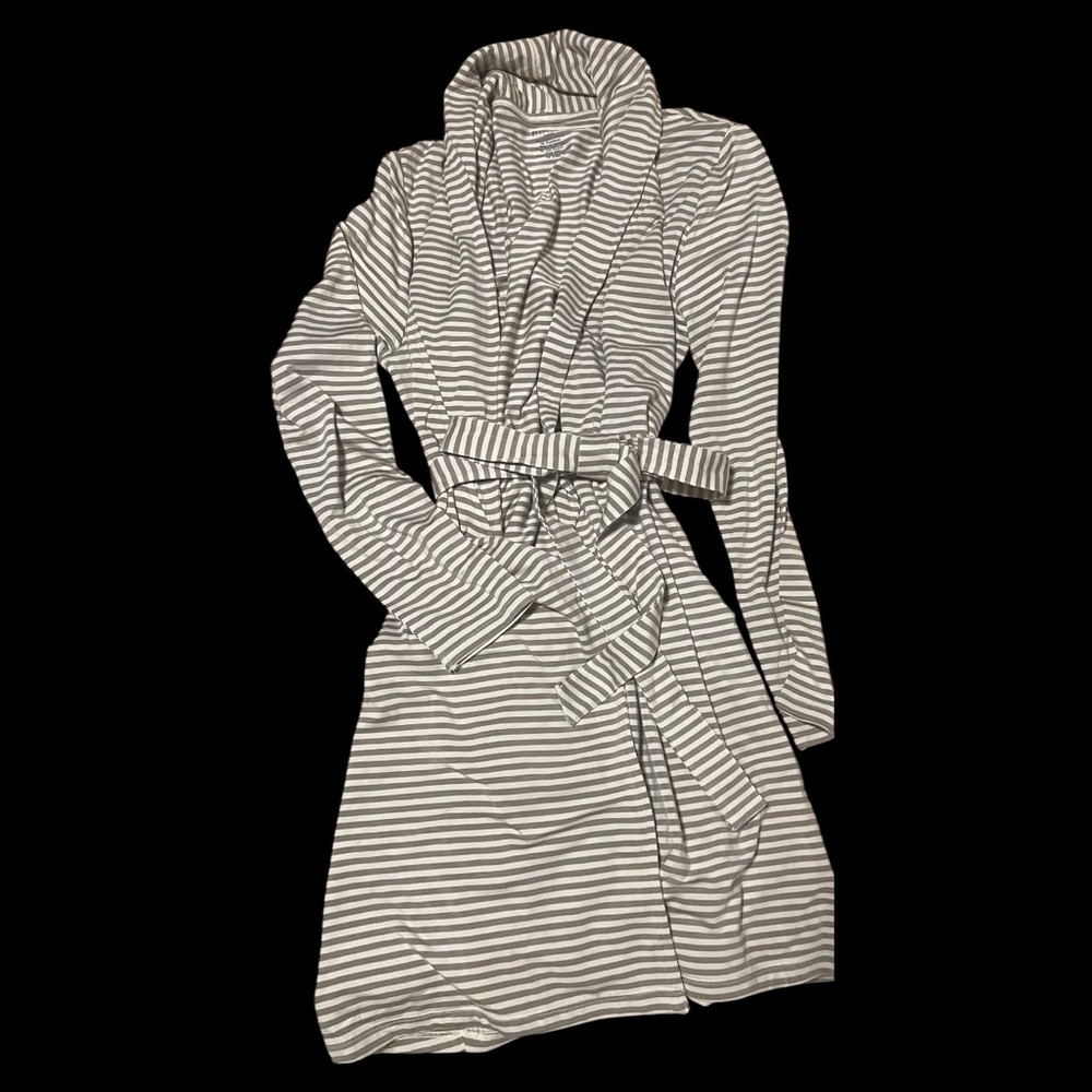 Striped Shawl Collar Robe - Gray & White bamboo soft